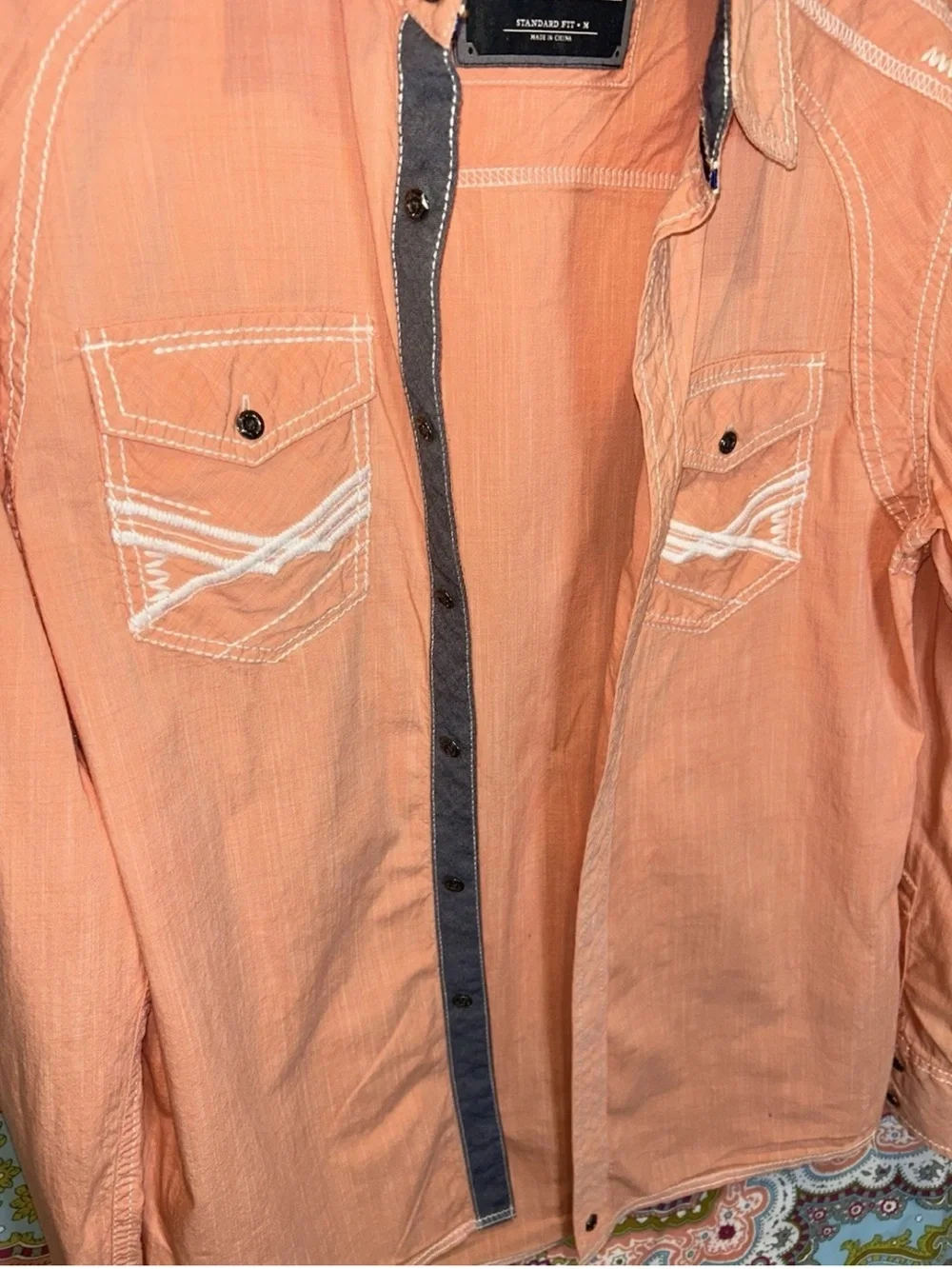 Buckle Black Men's Western Pearl Snap Shirt Coral Peach Thick Stitch Standard Fi